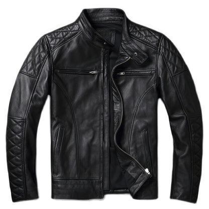 Men's Vintage Motorcycle Stand Collar Natural Cowhide Classic Top Layer Cowhide Moto Suit Biker Genuine Leather Jackets