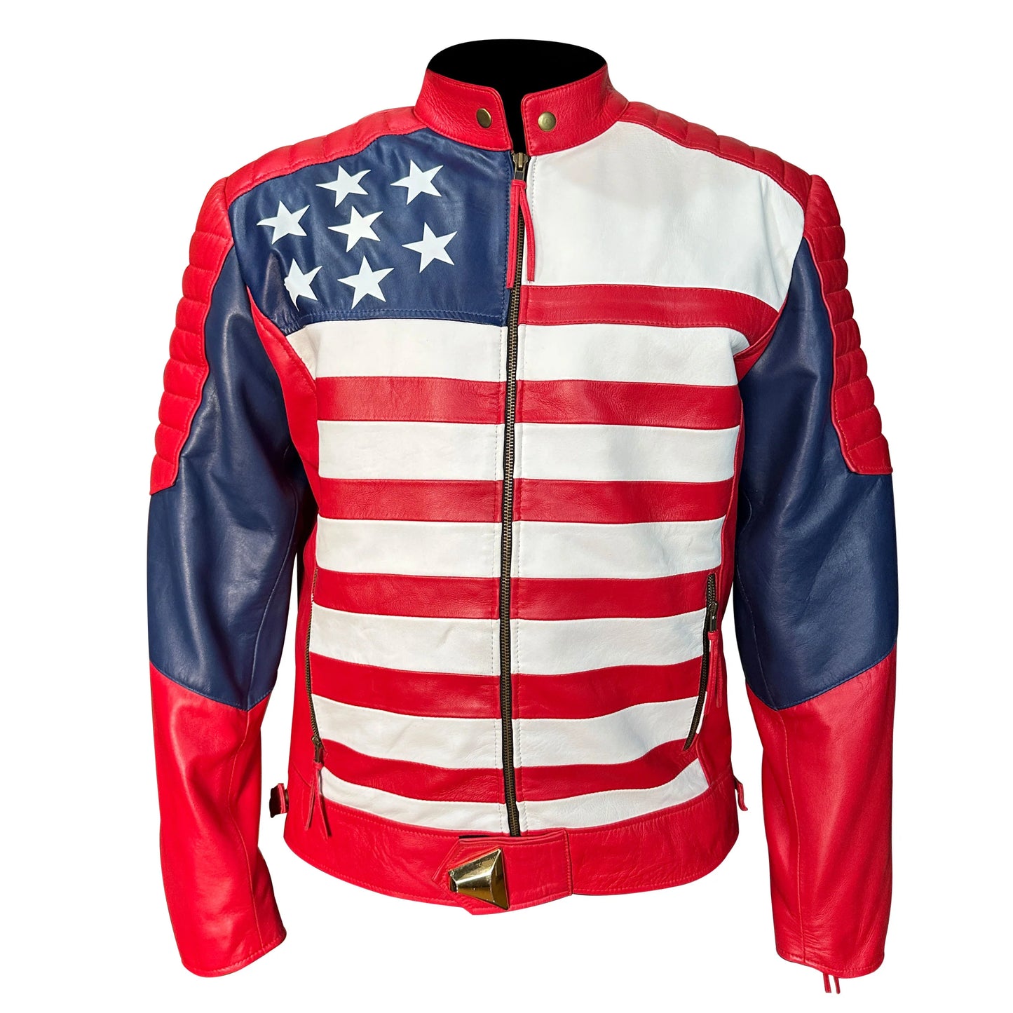 Mens Leather Jacket Inspired by American Flag USA Casual Motorcycle Zipper Coat With USA Flag Genuine Leather Jackets