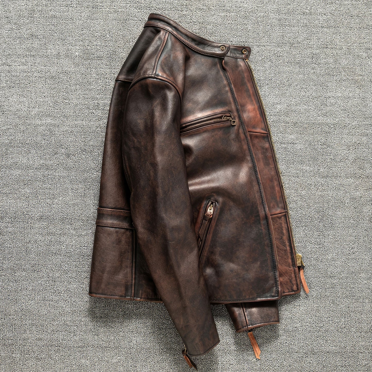 Men Motorcycle Vintage Brown Autumn Leather Jacket Natural Horsehide Slim Fit Genuine Leather Coat Jackets