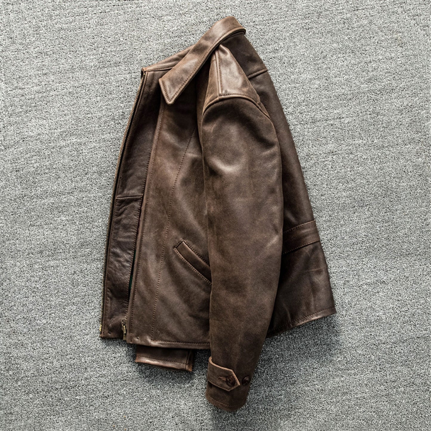 Retro Brown Leather Coat Men American Casual Style Natural Cowhide Slim Fit Genuine Leather Jacket