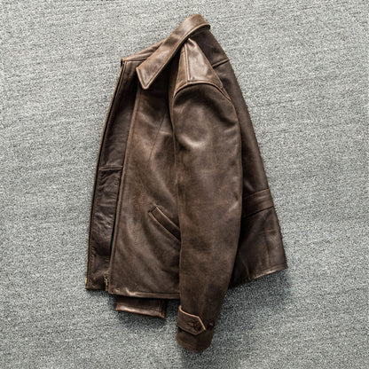 Retro Brown Leather Coat Men American Casual Style Natural Cowhide Slim Fit Genuine Leather Jacket