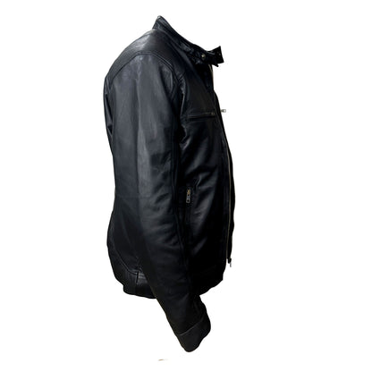 Business Gentleman Zipper Pocket Leather Coat Stand Neck Slim Fit Genuine Leather Jacket