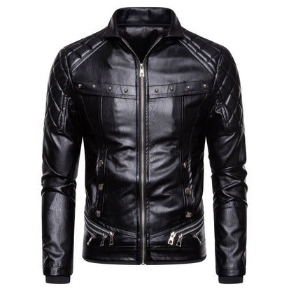 Men's Punk Detachable Leather Fur Collar Rivet Pressed Cotton Thick Windproof Motorcycle Genuine Leather Jackets