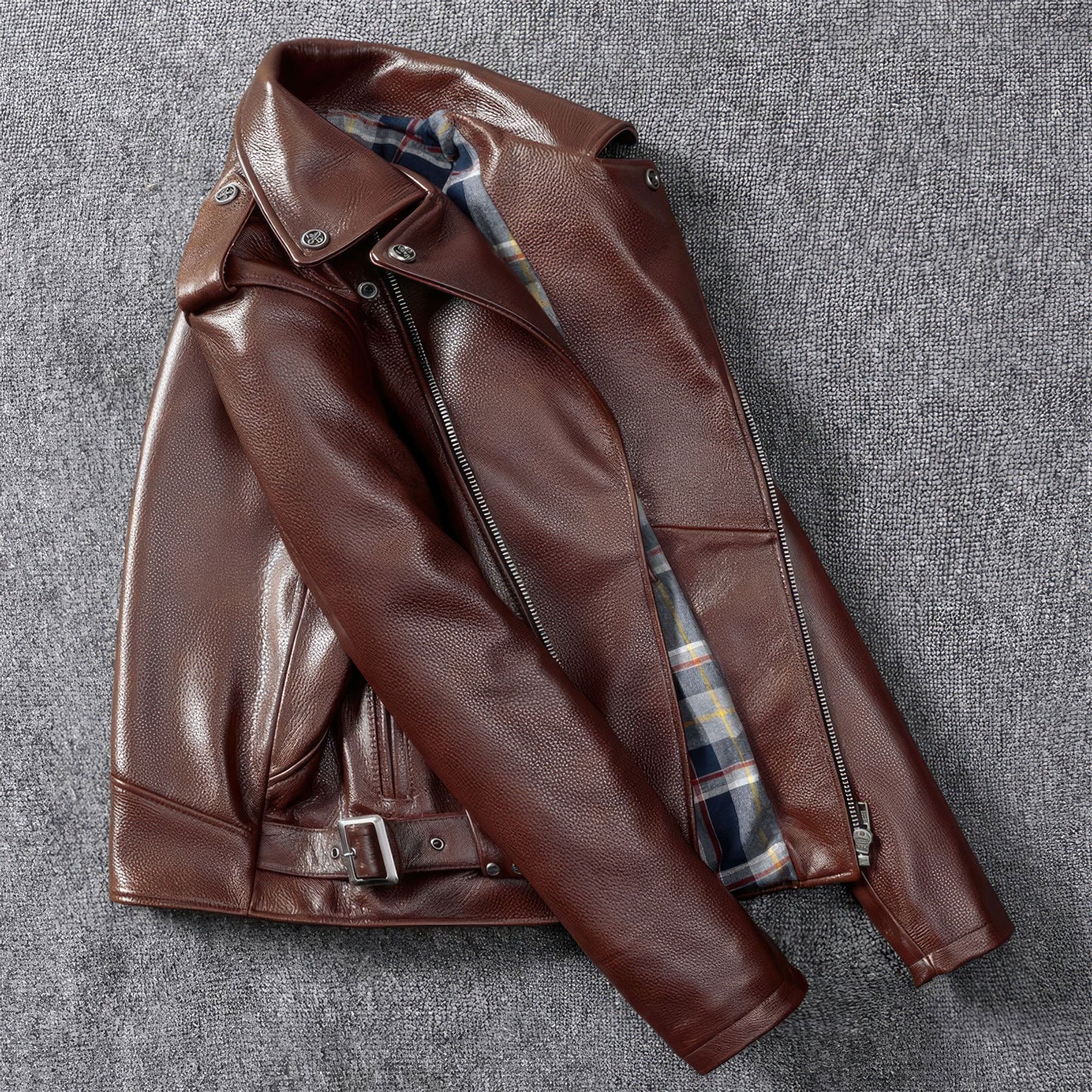 Mens Motorcycle Leather Jacket Suit First Layer Thick Cowhide Leather Jacket Slim-Fit Lapel Genuine Leather Jackets