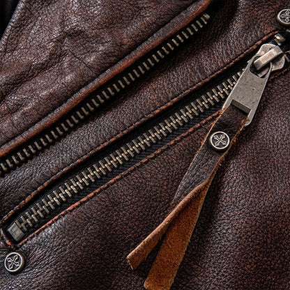 Mens Motorcycle Vintage Brown Leather Jacket Natural Cowhide Zipper Coat Genuine Leather Jackets