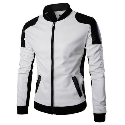 Mens Black And White Patchwork Motorcycle Autumn And Winter Fashionable Genuine Leather Jackets