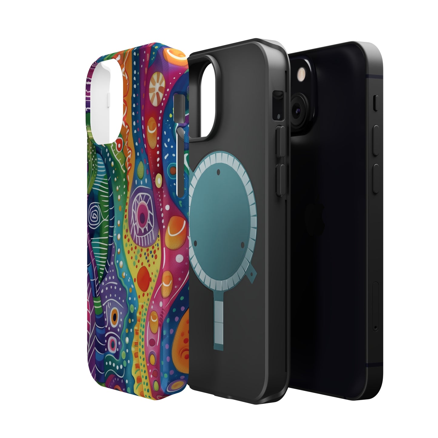 Abstract Rainbow Doodle Pattern iPhone 13 14 15 Pro Max Plus Case Compatible with MagSafe Tough Cases Protection, Magnetic Phone Case for iPhone  Classic Series