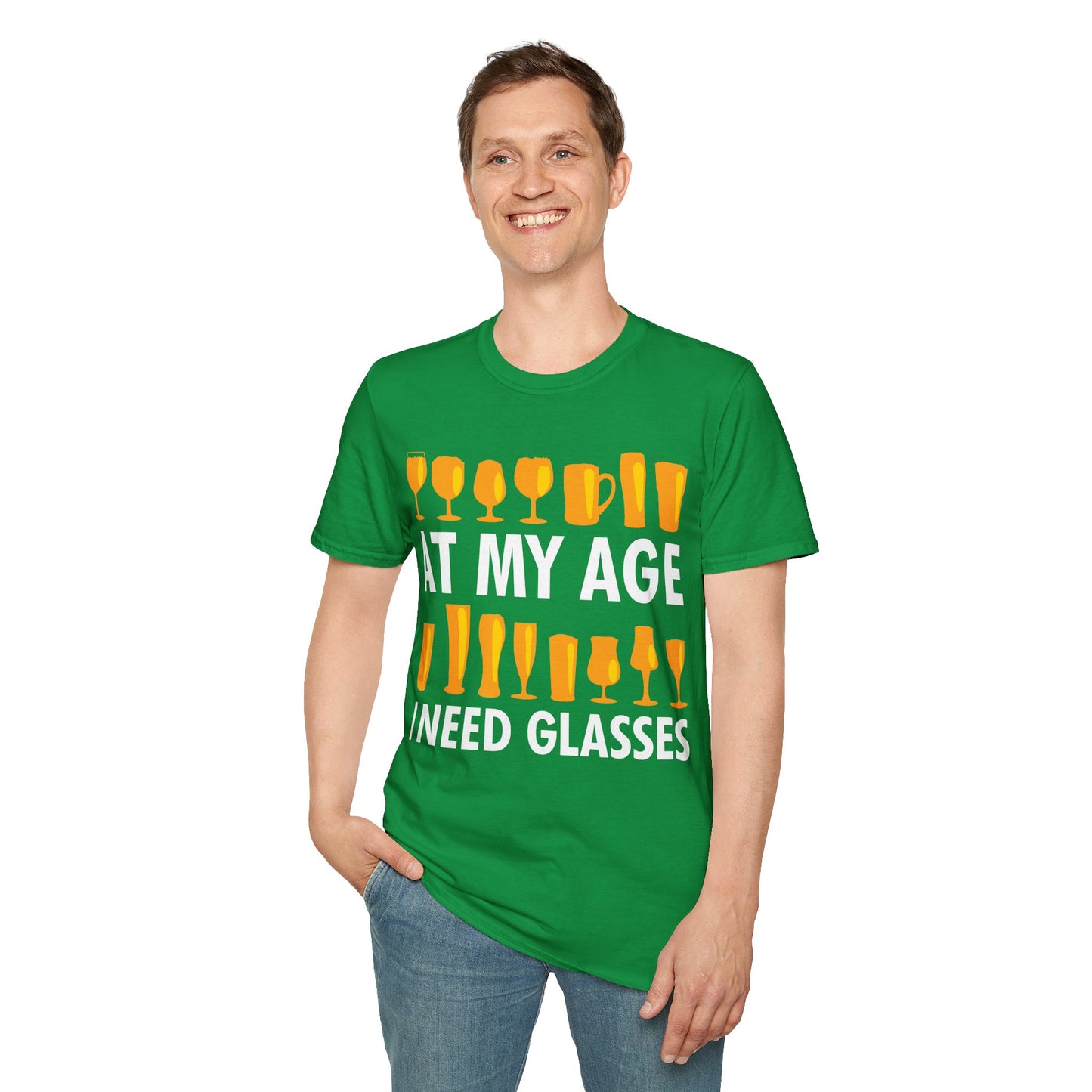 Funny Beer Wine Drinking Shirt At My Age I Need Glasses T-Shirt Men Women