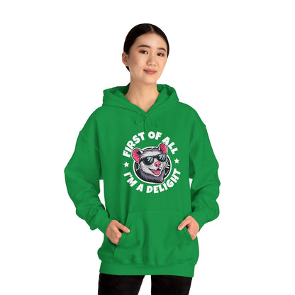 Funny First Of All I'm A Delight Sarcastic Angry Opossum Possum Hoodie For Men Women Hoodie