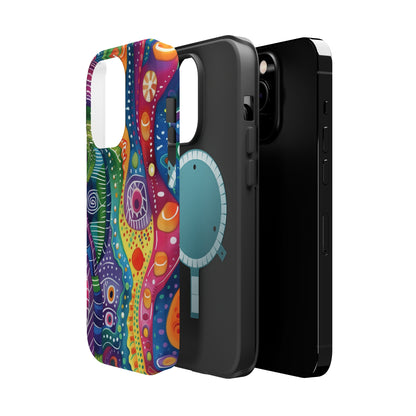 Abstract Rainbow Doodle Pattern iPhone 13 14 15 Pro Max Plus Case Compatible with MagSafe Tough Cases Protection, Magnetic Phone Case for iPhone  Classic Series