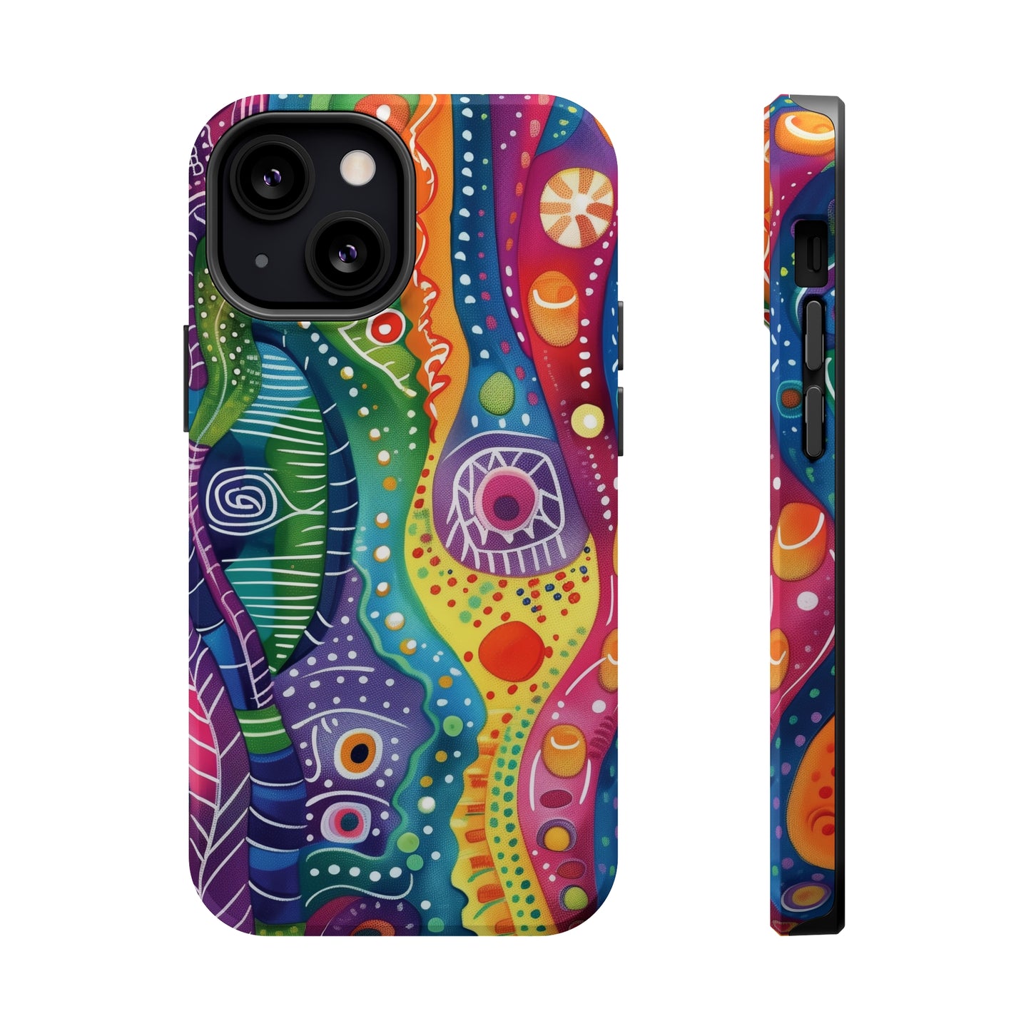 Abstract Rainbow Doodle Pattern iPhone 13 14 15 Pro Max Plus Case Compatible with MagSafe Tough Cases Protection, Magnetic Phone Case for iPhone  Classic Series