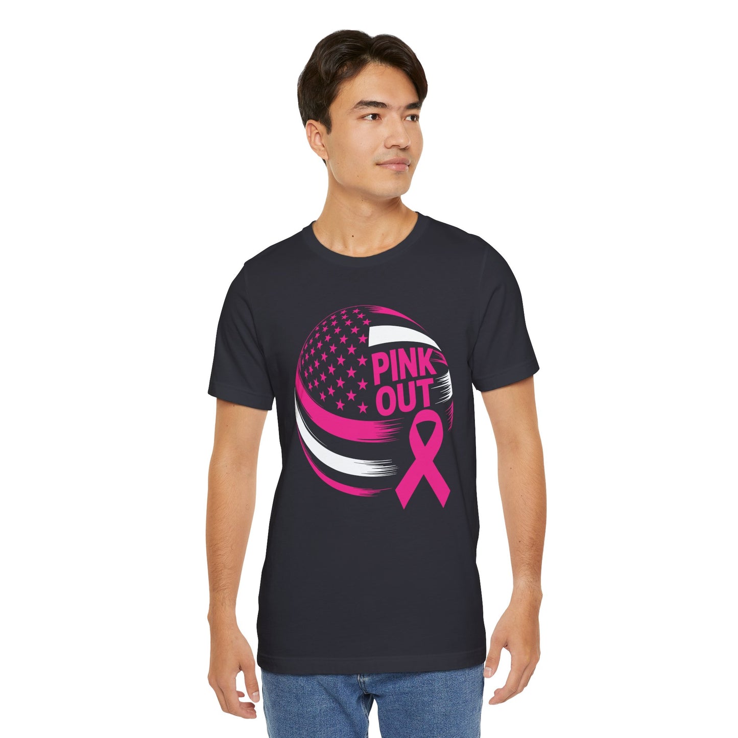 Volley Ball Pink Ribbon Breast Cancer Awearness USA Flag T-Shirt For Men Women
