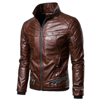 Men's Punk Detachable Leather Fur Collar Rivet Pressed Cotton Thick Windproof Motorcycle Genuine Leather Jackets