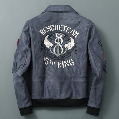 Men’s Flying Suit Genuine Leather Coat Cowhide Leather Indian Embroidery Motorcycle Jackets