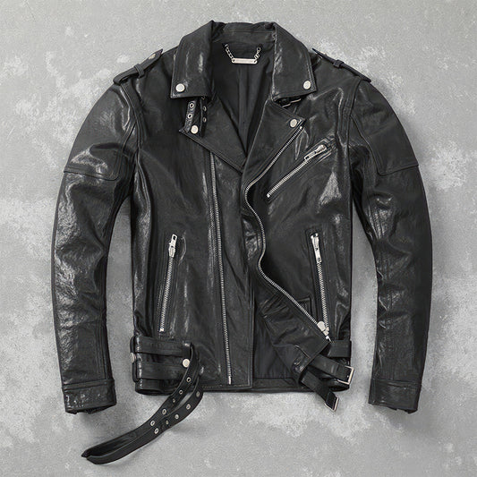Men's Belt Motorcycle Jacket Thin Coat Slim Fit Vegetable Tanned Sheepskin Genuine Leather Jackets