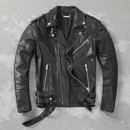 Men's Belt Motorcycle Jacket Thin Coat Slim Fit Vegetable Tanned Sheepskin Genuine Leather Jackets