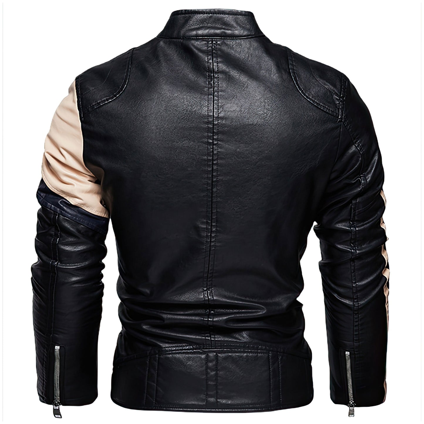 Mens Fleece Leather Jacket Casual Stand Collar Warm Coat Color Matching Men Biker Genuine Leather Jackets