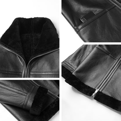 Men Black Genuine Shearling Long Coats Natural Wool Lined Leather Jacket For Men