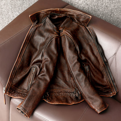 Men Vintage Motorcycle Jackets Cowhide Leather Coat Biker Genuine Leather Jacket