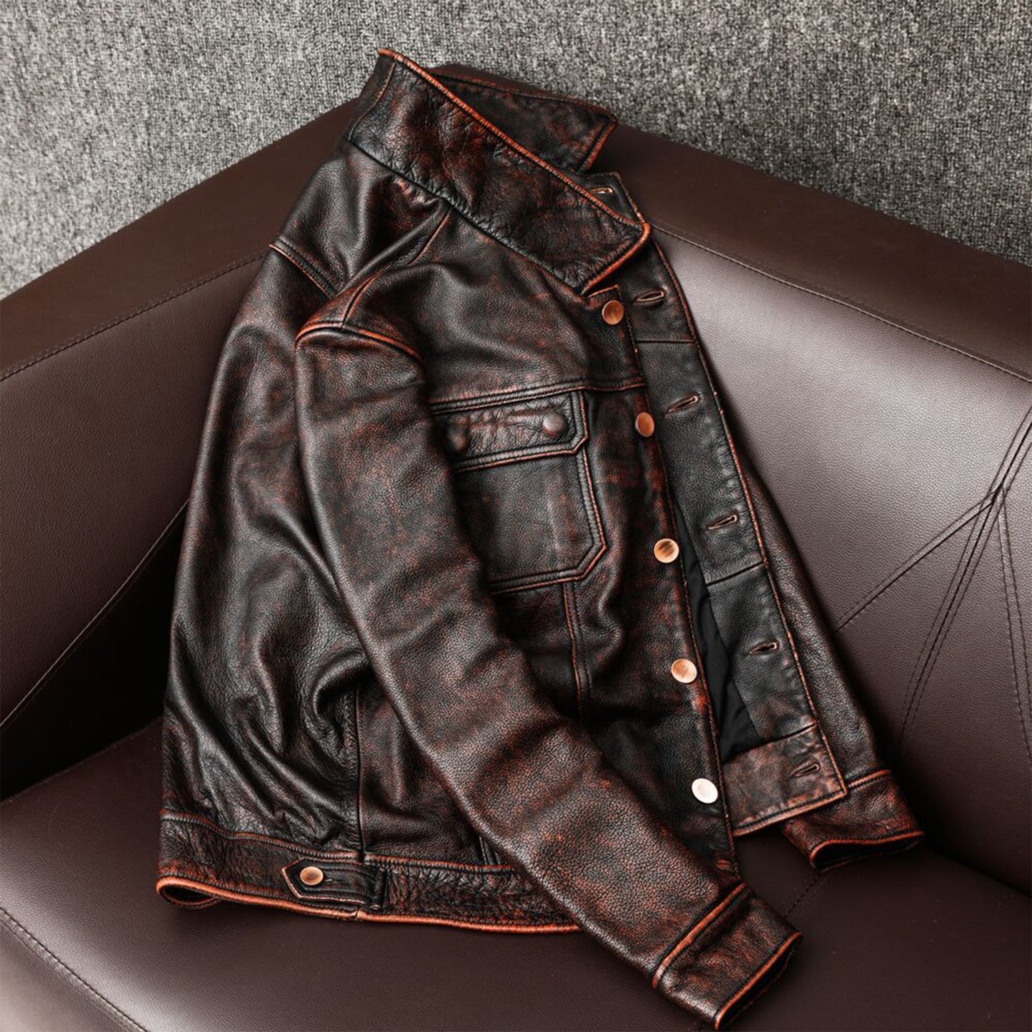 Vintage Brown Cowhide Jacket Genuine Leather Coat Casual Leather Jacket For Men