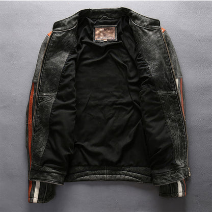 Men's Motorcycle Rider Jacket Vintage Coat Stand Collar Embroidery Cowhide Genuine Leather Jacket