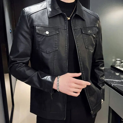 Mens Leather Jackets Motorcycle Coat Slim Business Zipper Genuine Leather Biker Tops Black Plush for Men