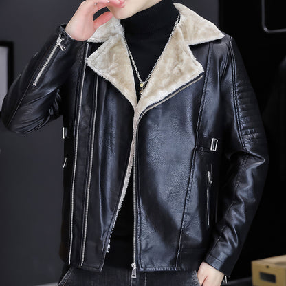 Mens Lapel Diagonal Zipper Motorcycle Leather Jacket Men Vintage Fleece Warm Leather Coat Man Outwear Genuine Leather Jackets