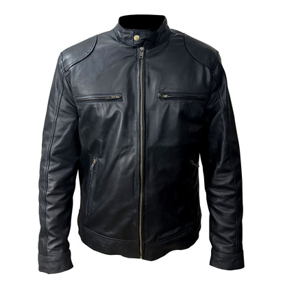 Business Gentleman Zipper Pocket Leather Coat Stand Neck Slim Fit Genuine Leather Jacket