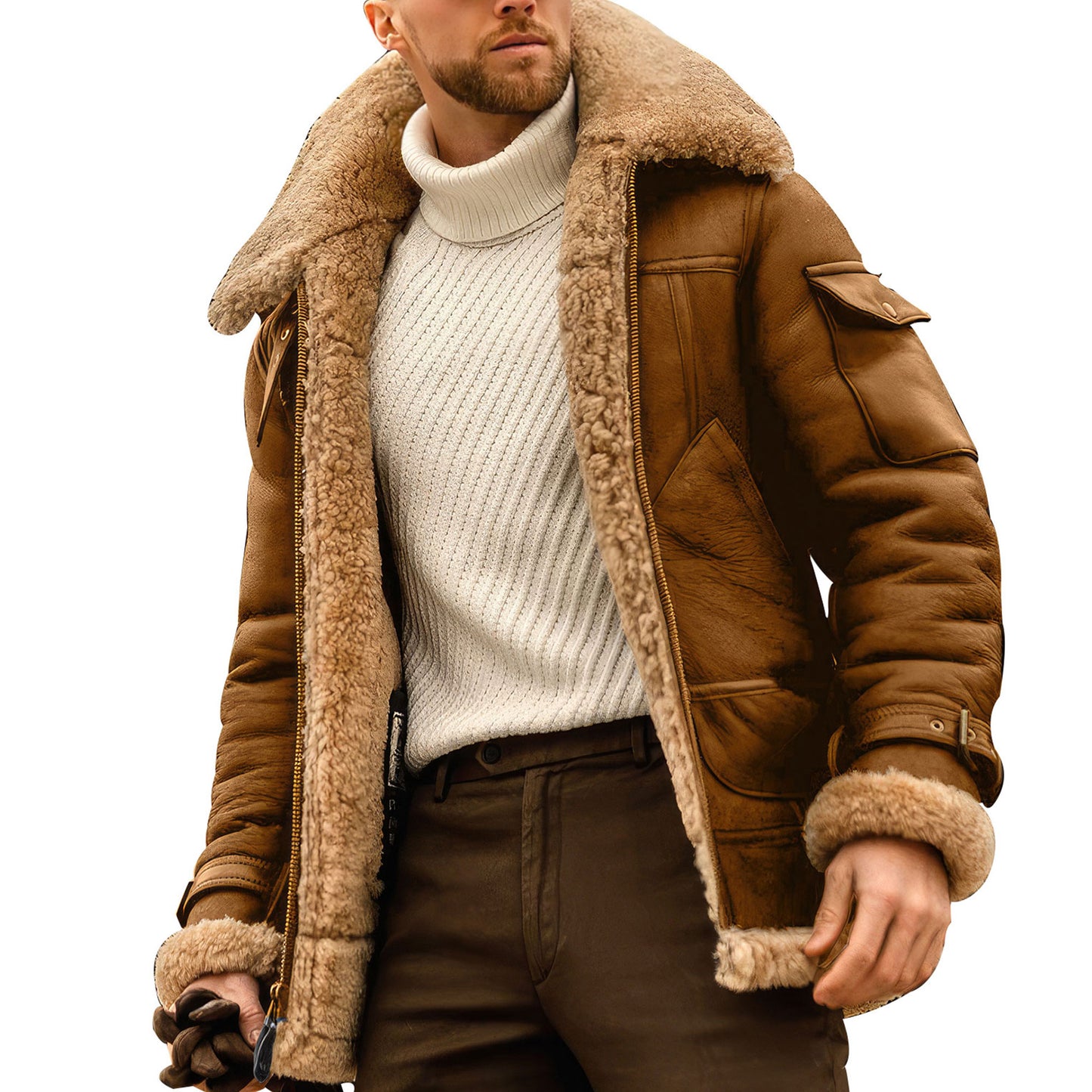 Men's Fleece Jacket Turn Down Fur Collar Thick Coat Thicken Warm Streetwear Windbreaker Outwear Genuine Leather Jacket