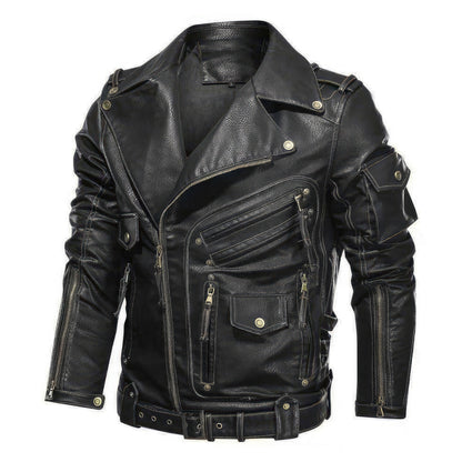 Mens Motorcycle Leather Jacket Male Autumn Cool Zipper Pockets Outwear Coats Genuine Leather Jackets