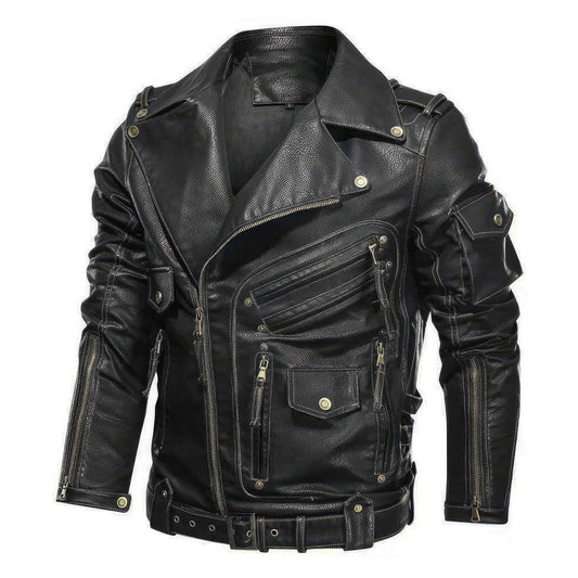 Mens Motorcycle Leather Jacket Male Autumn Cool Zipper Pockets Outwear Coats Genuine Leather Jackets