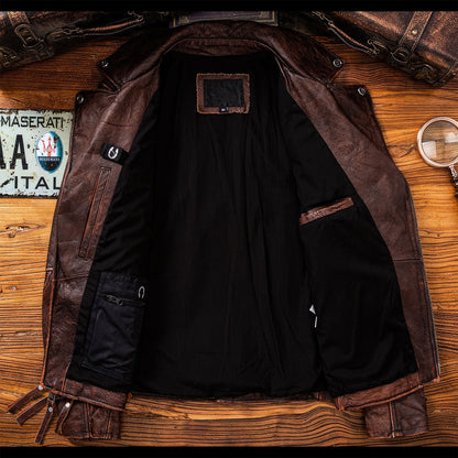 Mens Motorcycle Vintage Brown Leather Jacket Natural Cowhide Zipper Coat Genuine Leather Jackets