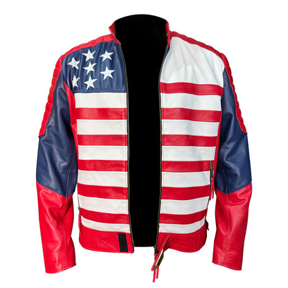 Mens Leather Jacket Inspired by American Flag USA Casual Motorcycle Zipper Coat With USA Flag Genuine Leather Jackets