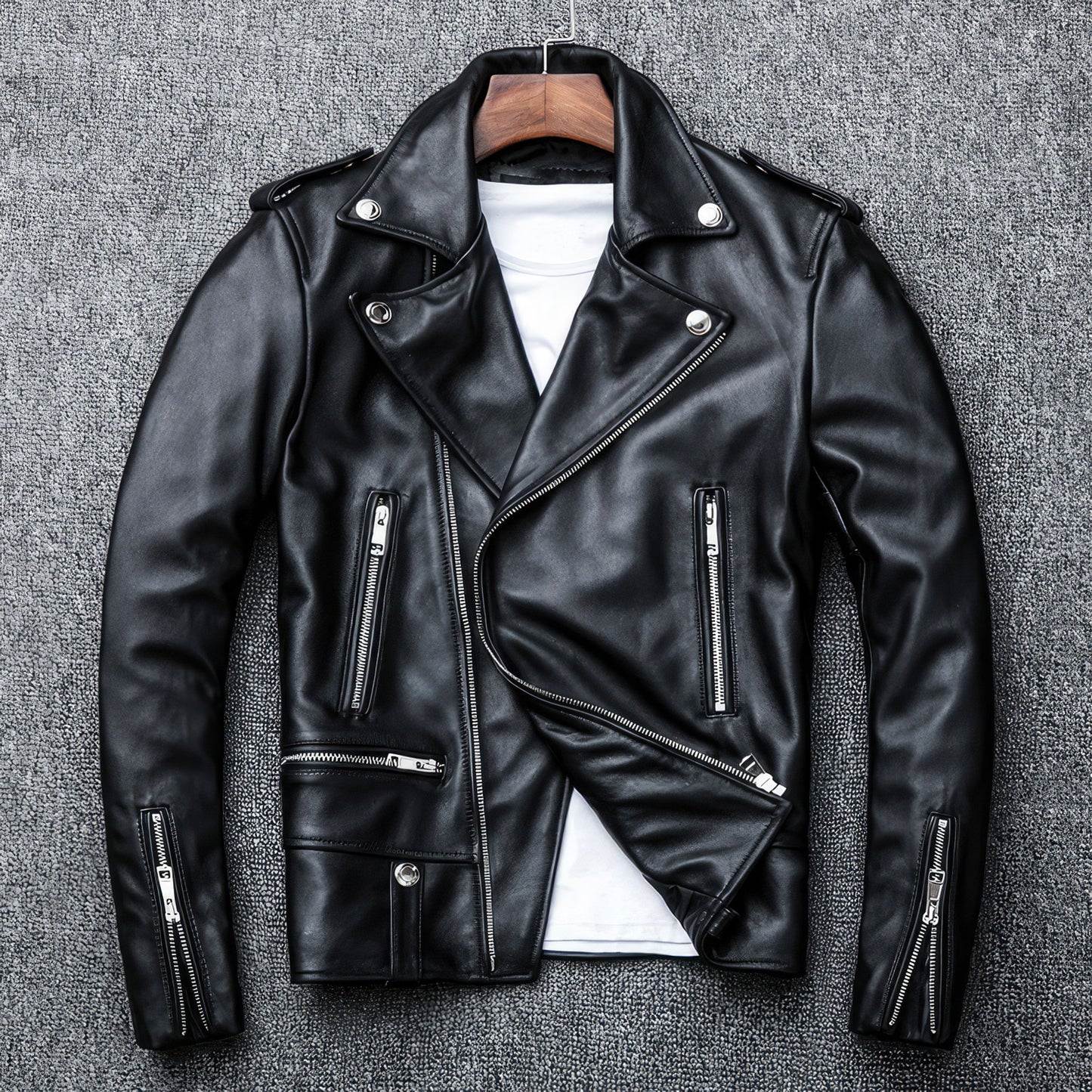 Men's Motorcycle Genuine Leather Sheepskin Coat Asymmetric Zipper Rider Genuine Leather Jackets