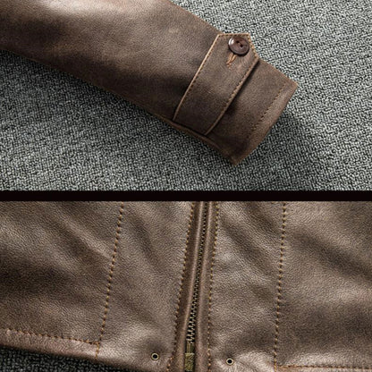 Retro Brown Leather Coat Men American Casual Style Natural Cowhide Slim Fit Genuine Leather Jacket