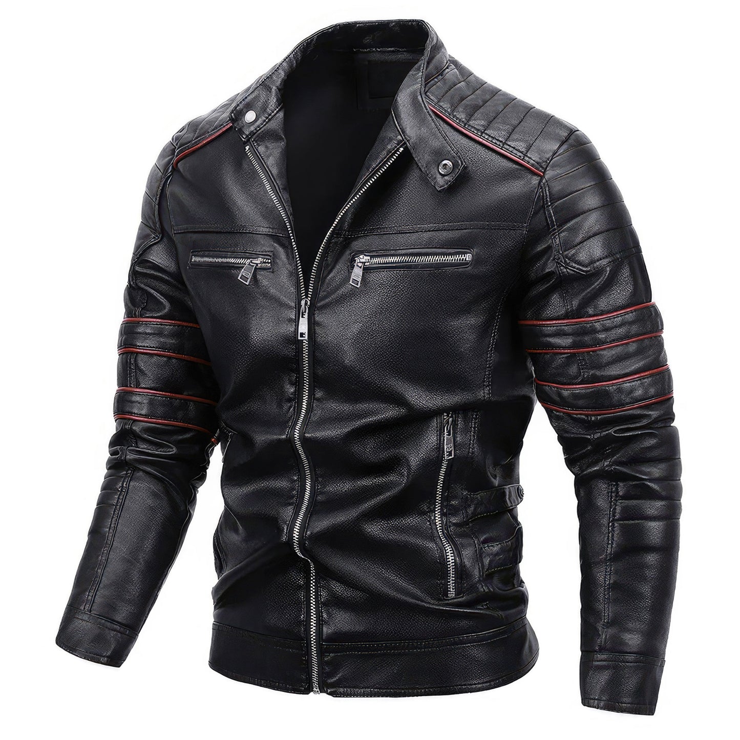 Mens Stand Collar Zipper Autumn Casual Slim Windbreaker Motorcycle Leather Jacket Tactics Coat Fleece Genuine Leather Jackets