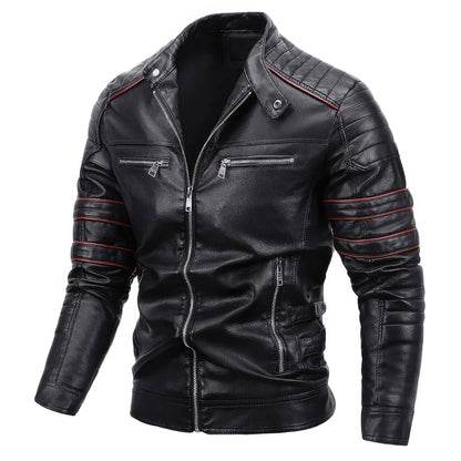 Mens Stand Collar Zipper Autumn Casual Slim Windbreaker Motorcycle Leather Jacket Tactics Coat Fleece Genuine Leather Jackets