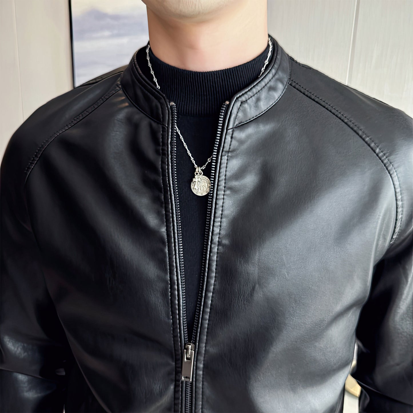 Men's Leather Stand Collar Jacket PU Slim Fit Coats Genuine Leather Jacket For Man