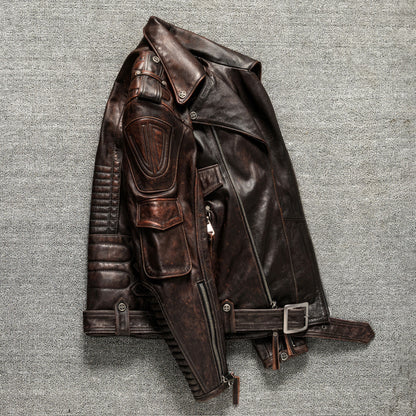 Motorcycle Vintage Brown Autumn Jacket Men Diagonal Zipper Natural Thick Cowhide Genuine Leather Jackets