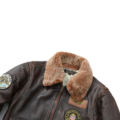 Vintage Red Brown Genuine Cow Leather Jacket Men Removable Natural Fur Collar Flight Jackets Air Force Pilot Jacket