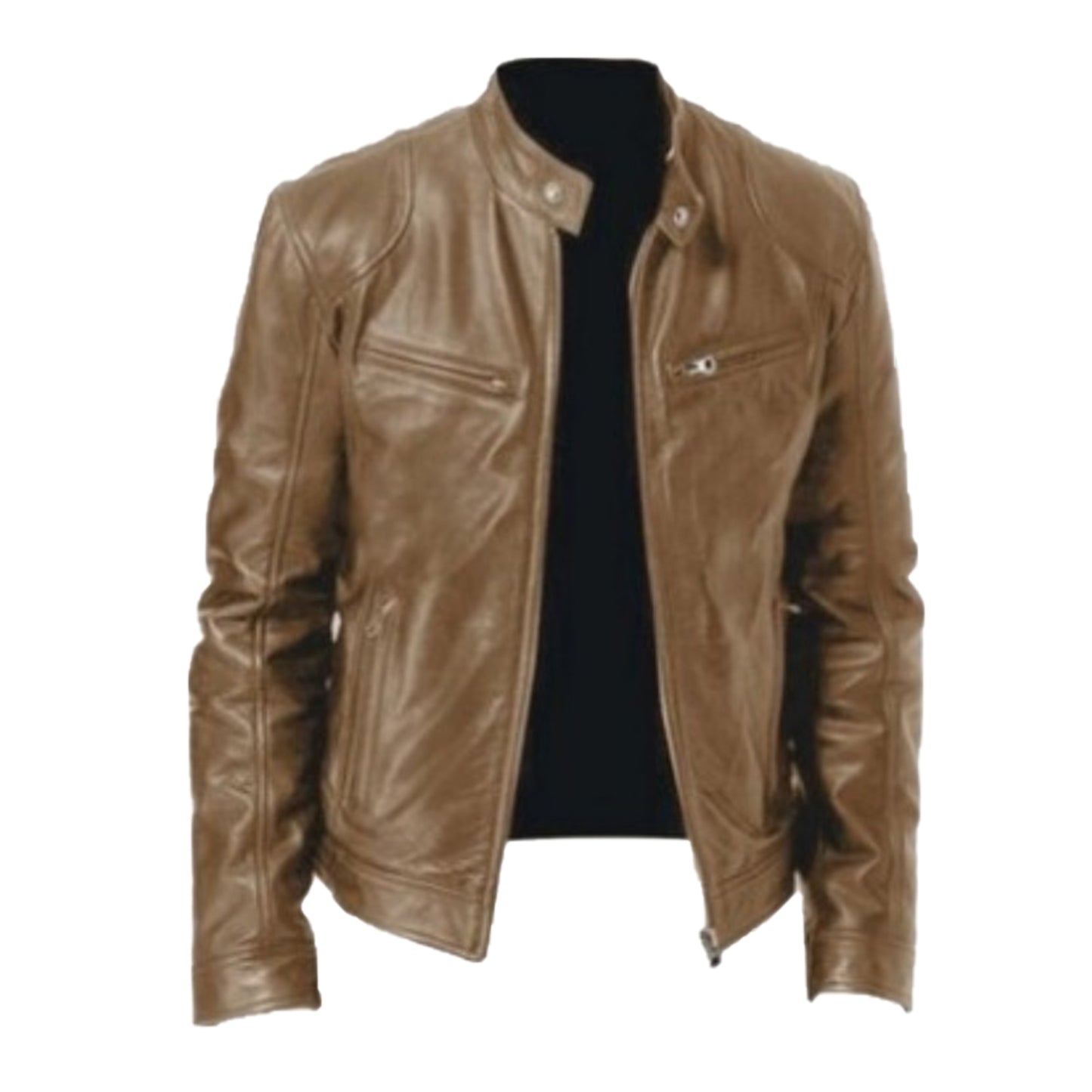 Business Gentleman Zipper Pocket Leather Coat Stand Neck Slim Fit Genuine Leather Jacket