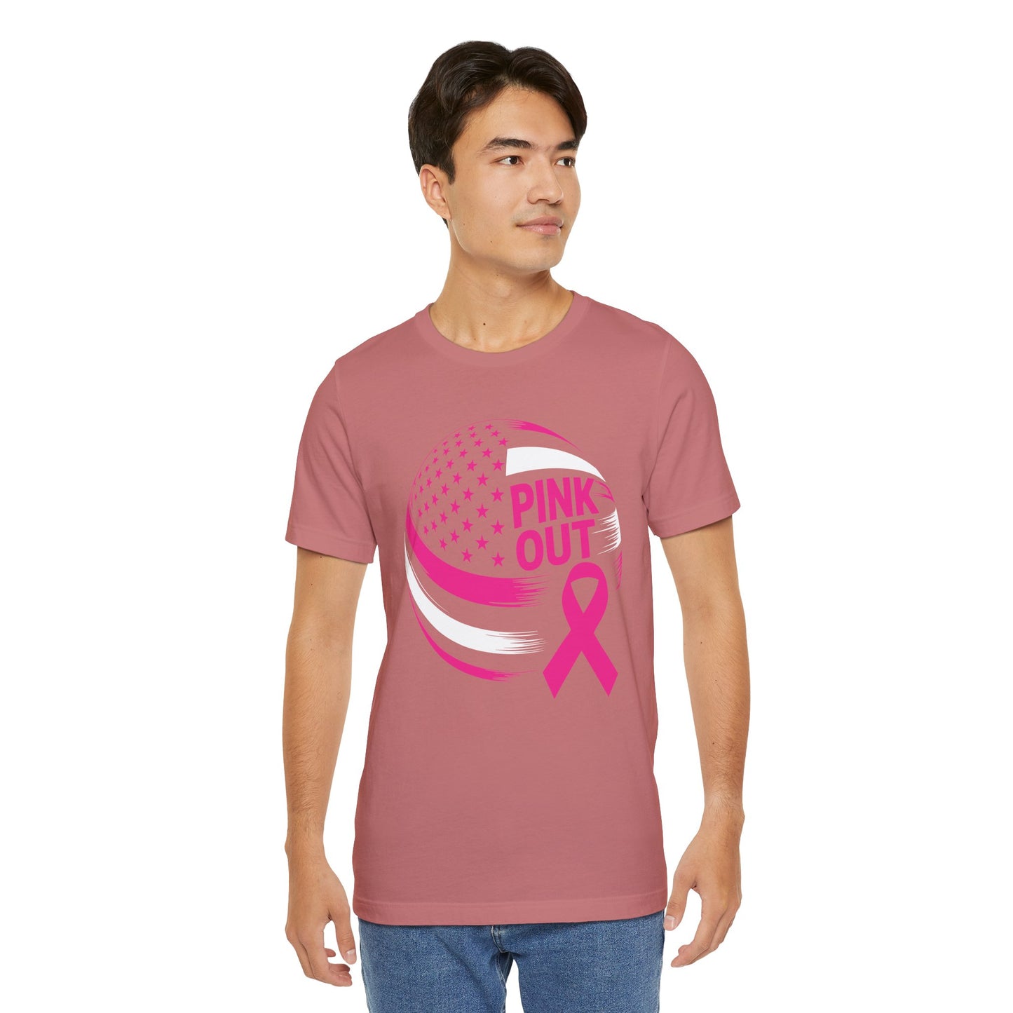 Volley Ball Pink Ribbon Breast Cancer Awearness USA Flag T-Shirt For Men Women