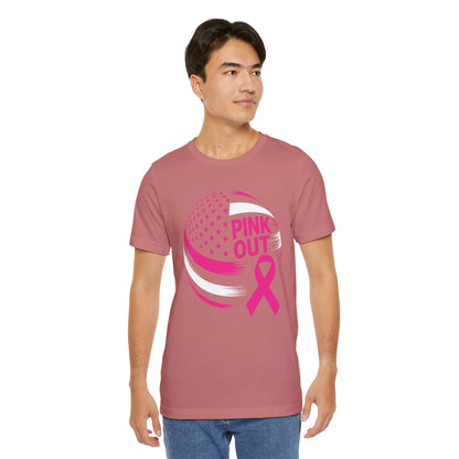 Volley Ball Pink Ribbon Breast Cancer Awearness USA Flag T-Shirt For Men Women