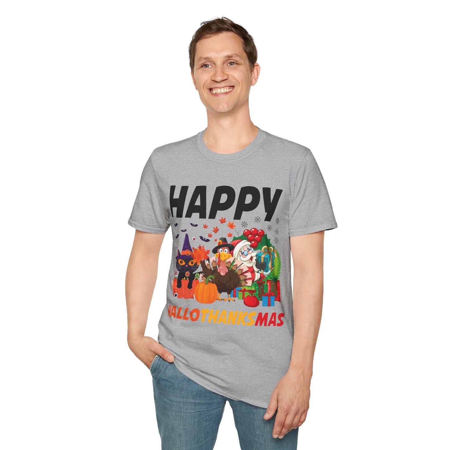 Funny Happy Hallothanksmas Halloween Thanksgiving Christmas Mash Up T-Shirt Men Women Kids