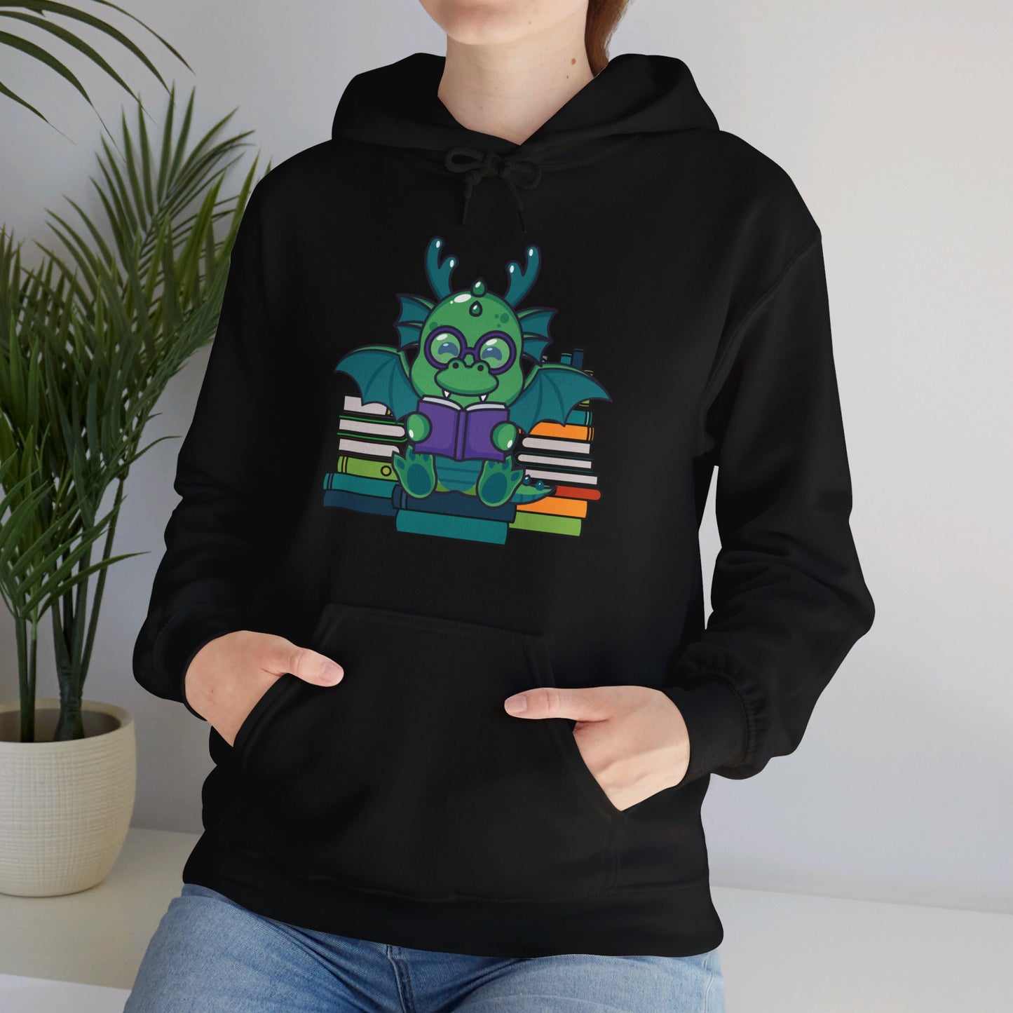 Funny Dragon and Books Nerds Cute Dragon Reading A Book Hoodie For Men Women Hoodie