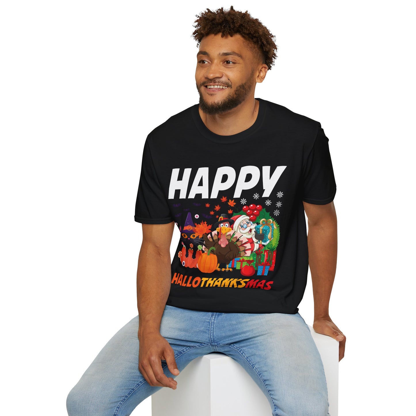 Funny Happy Hallothanksmas Halloween Thanksgiving Christmas Mash Up T-Shirt Men Women Kids