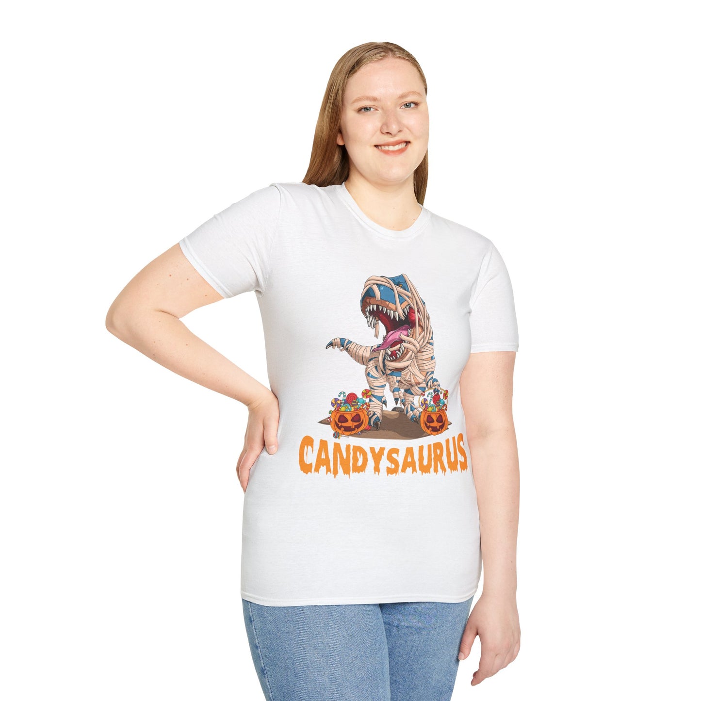 Funny Candysaurus Dinosaur Pumpkin Candy Halloween Zombie T-rex T-Shirt Men Women Kids