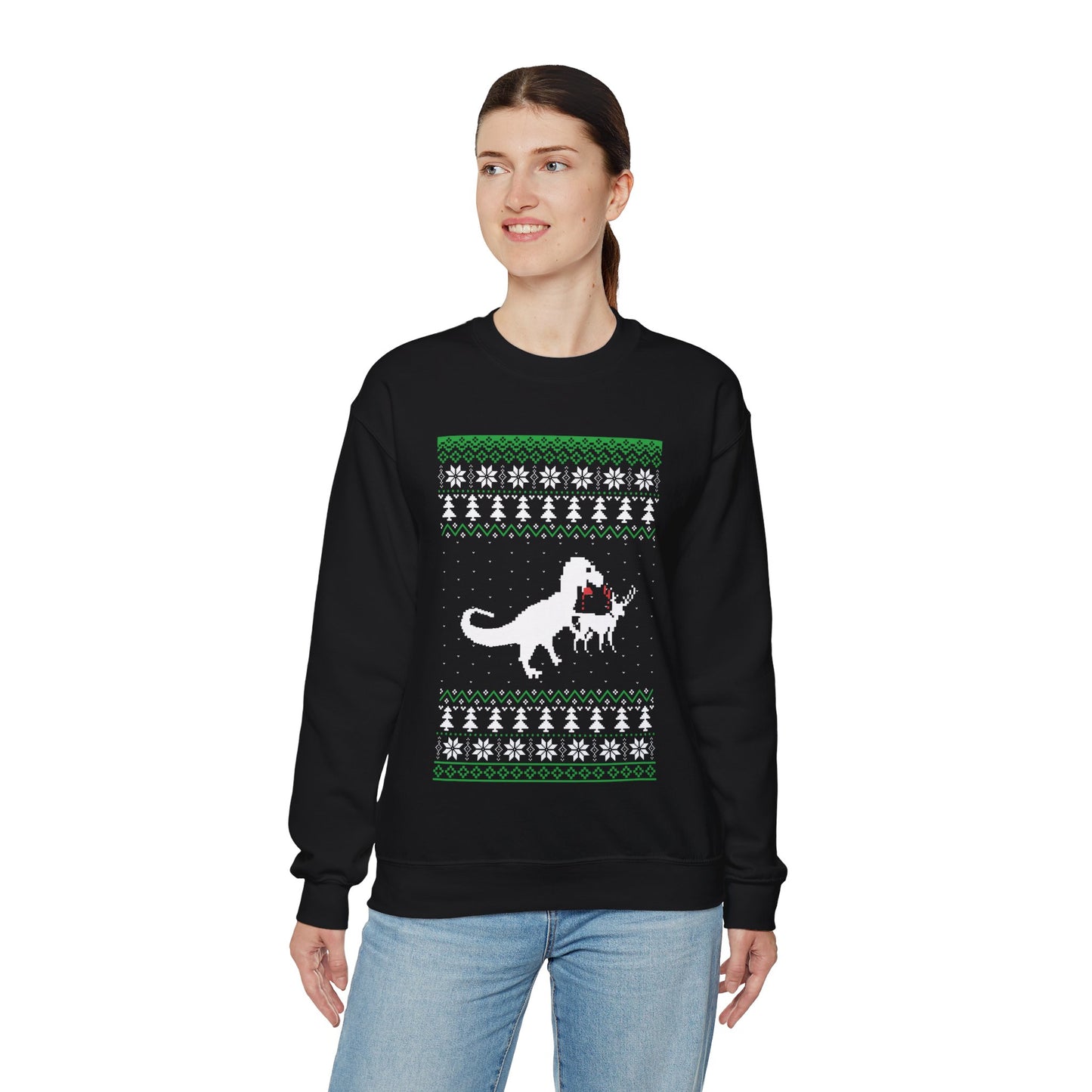 Funny Christmas Dinosaur Killing Reindeer Ugly Full Sleeve Jumper Sweatshirt Sweater