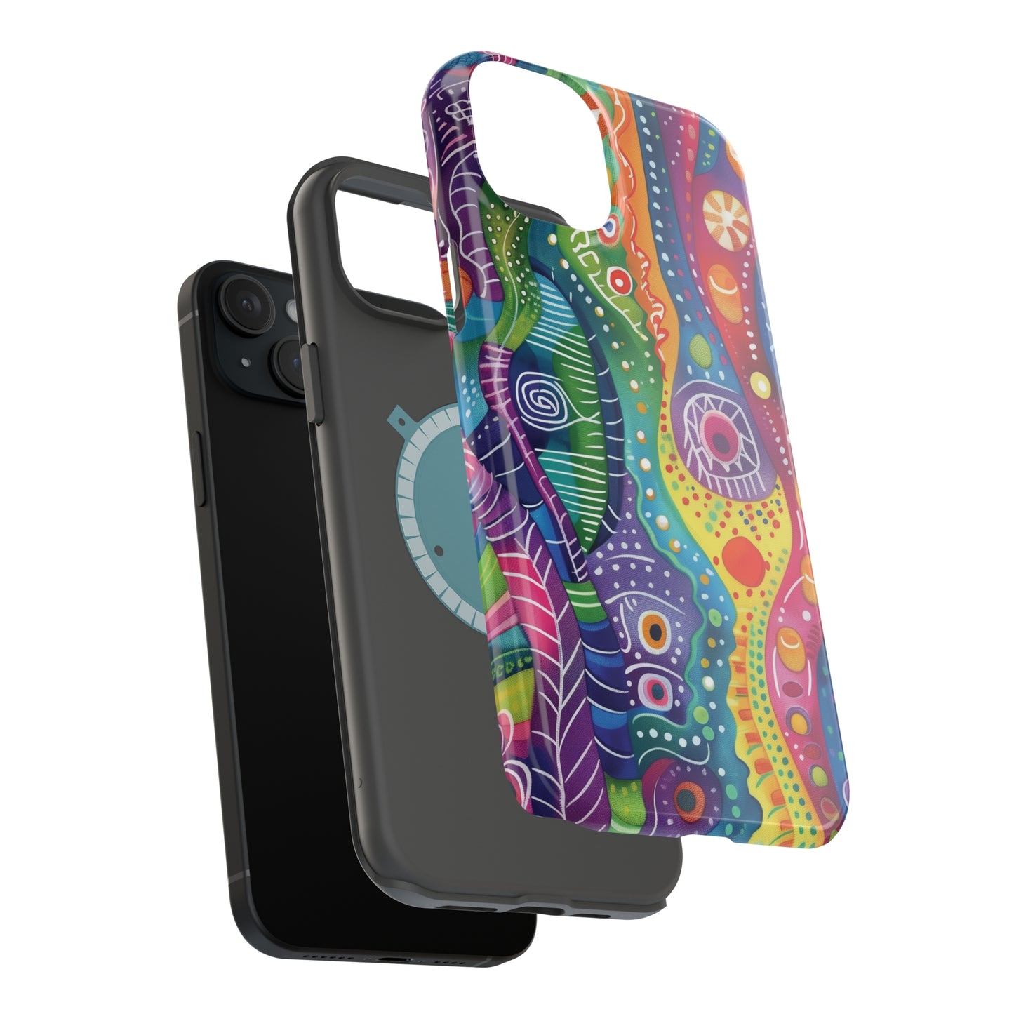 Abstract Rainbow Doodle Pattern iPhone 13 14 15 Pro Max Plus Case Compatible with MagSafe Tough Cases Protection, Magnetic Phone Case for iPhone  Classic Series