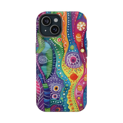 Abstract Rainbow Doodle Pattern iPhone 13 14 15 Pro Max Plus Case Compatible with MagSafe Tough Cases Protection, Magnetic Phone Case for iPhone  Classic Series